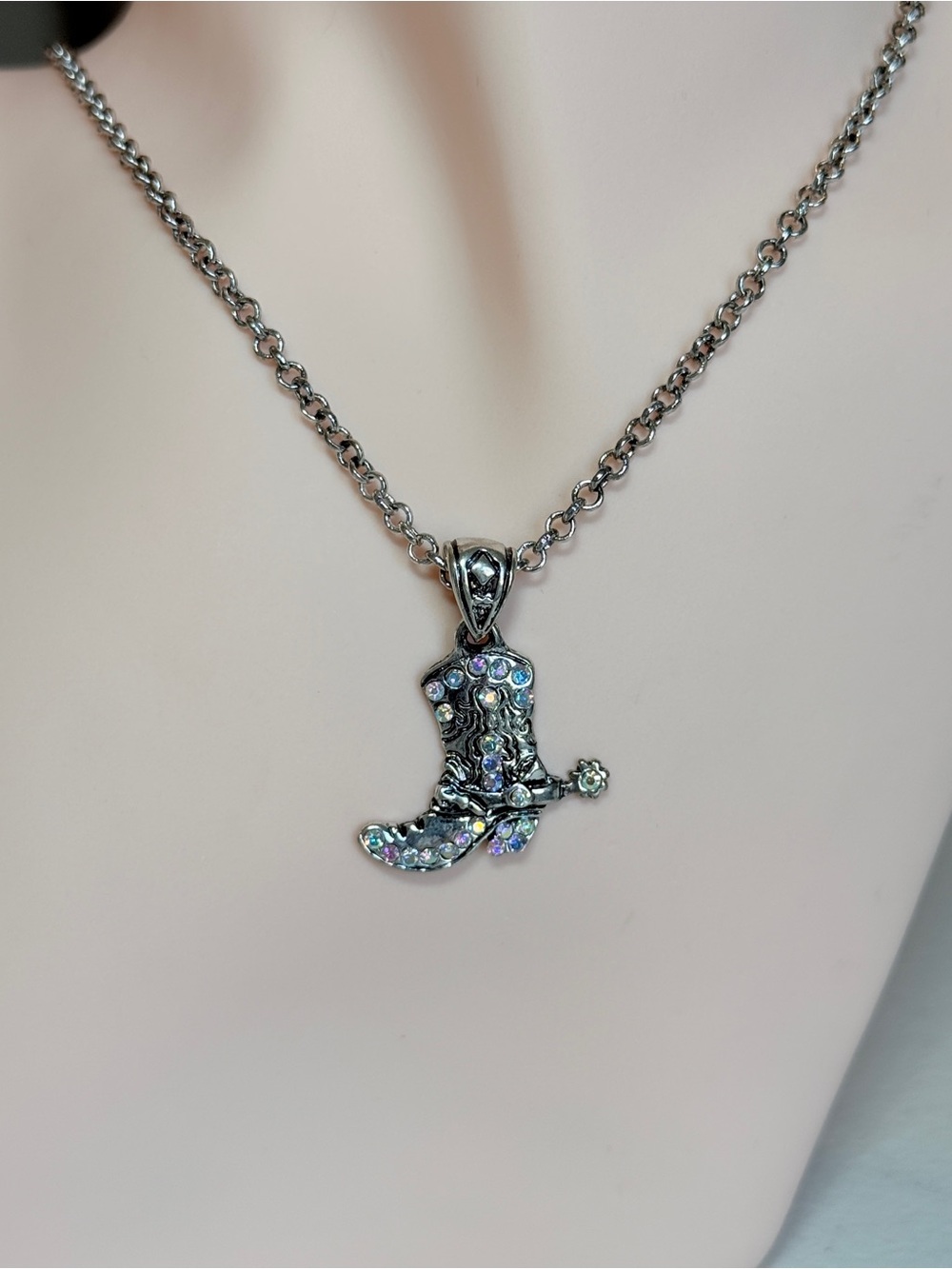 Silver Crystal Cowboy Boot Pendant Necklace